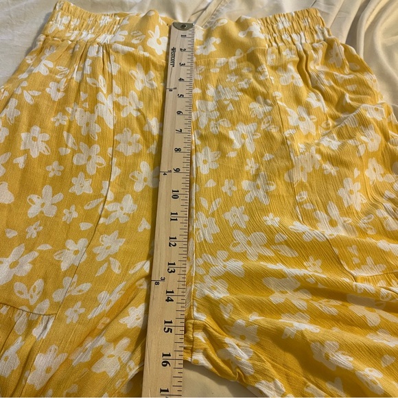 Yellow Floral Boho Wide Leg Pants Cottagecore Coastal Summer Elastic Waist Fairy - Picture 6 of 7